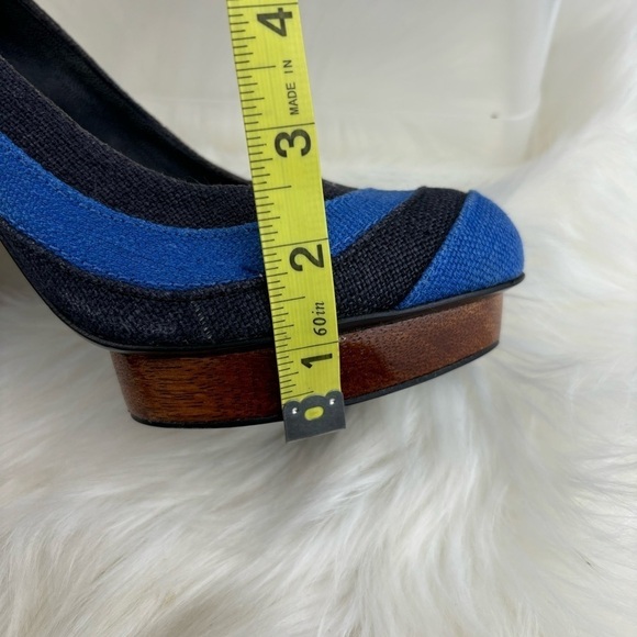 TORY BURCH JOELLE BLUE STRIPE WOOD PLATFORMS PUMPS - Picture 14 of 14